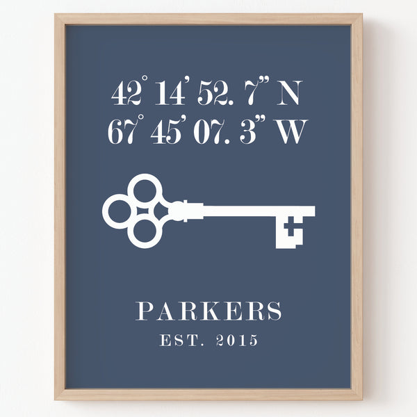 Elegant home coordinates wall decor print with custom typography layout