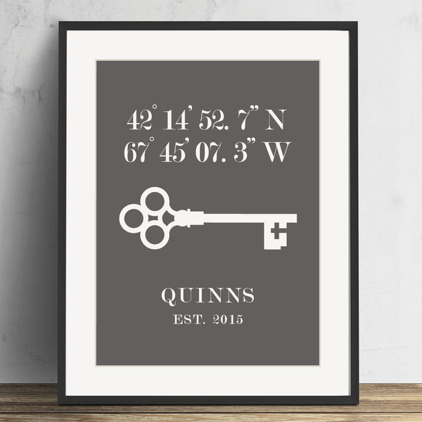 Custom luxury housewarming gift featuring minimalist latitude longitude position art