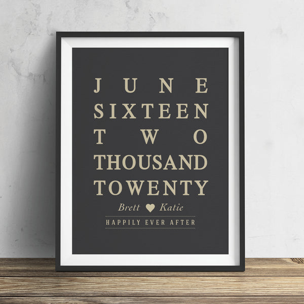 Elegant typographic wedding date wall art decor print with custom couples names