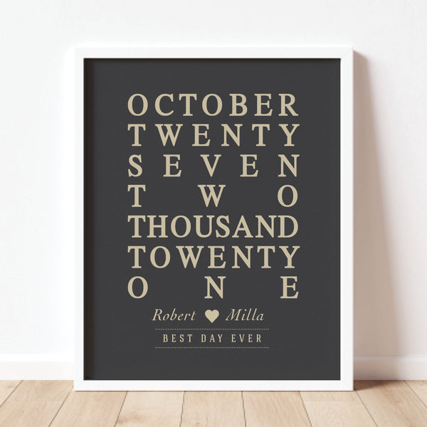 Custom minimalist wedding anniversary gift featuring sleek marriage date layout