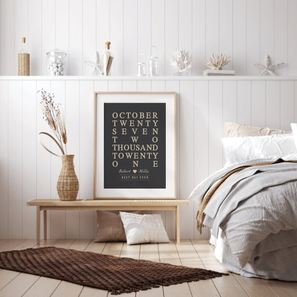Sentimental master bedroom wall decoration celebrating a couples wedding date