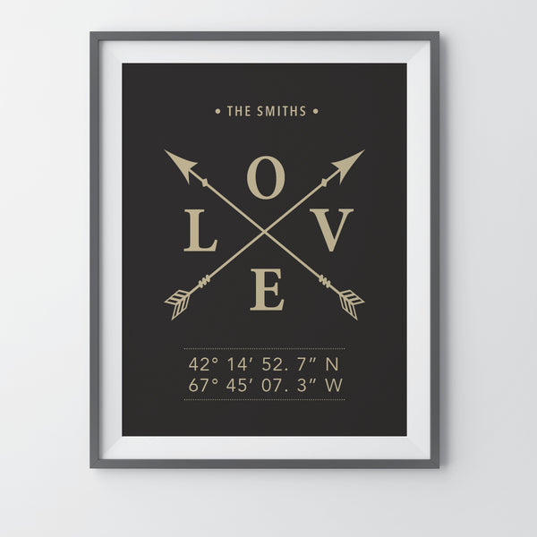 Custom family love wall print with family name and coordinates text layout