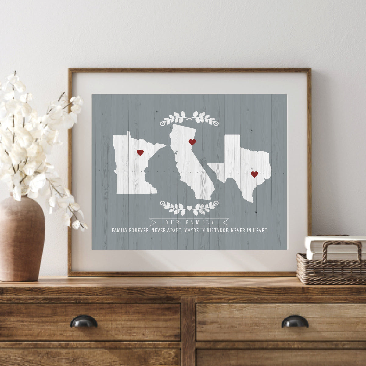 Personalized 3-Location Heart Map Art Print with Family Quote and Names