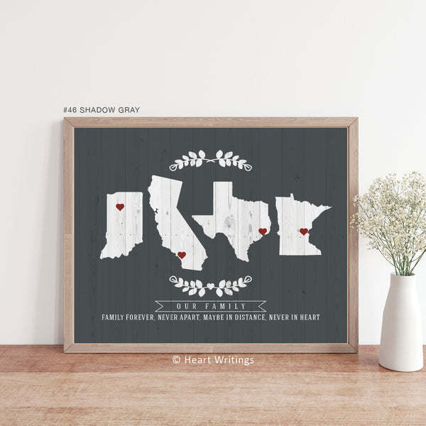Personalized long-distance family gift with locations connected by heart shapes, in a clean mockup