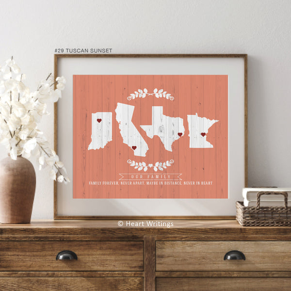 Close-up view of heart map art showing state or country outlines and custom quote typography