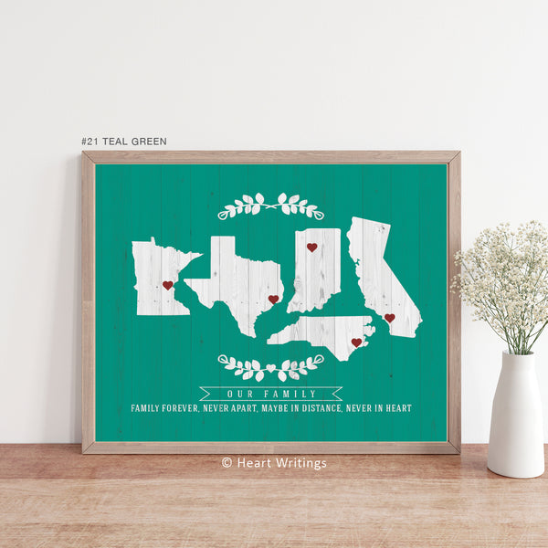Custom multi-Location Heart Map Art Print with Family Quote and Names