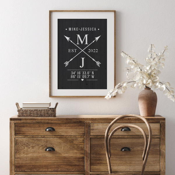 Custom couple name print in farmhouse coastal living room