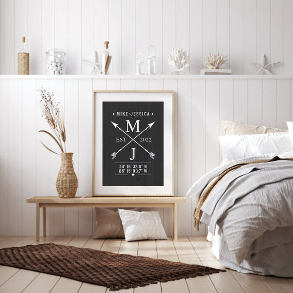 Personalized couple name print in farmhouse coastal bedroom
