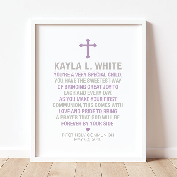 Faith-based wall décor personalized for girl's First Communion