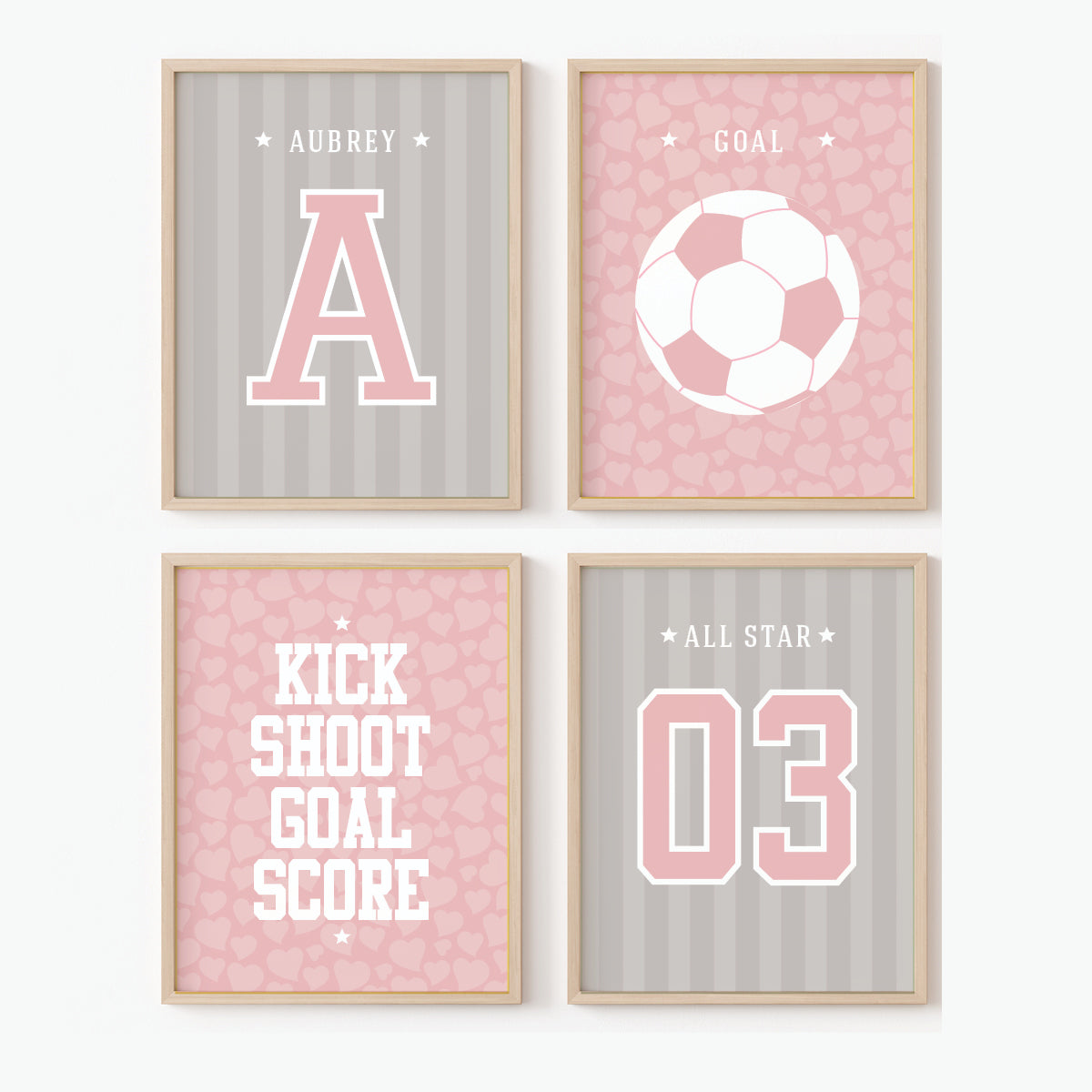 Personalized girls soccer wall art set of 4 prints with name and number