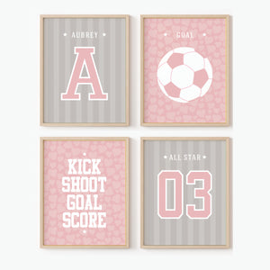 Personalized girls soccer wall art set of 4 prints with name and number