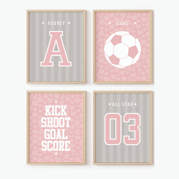 Personalized girls soccer wall art set of 4 prints with name and number