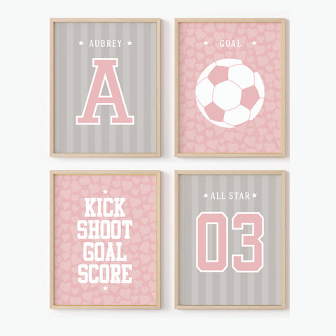 Personalized girls soccer wall art set of 4 prints with name and number