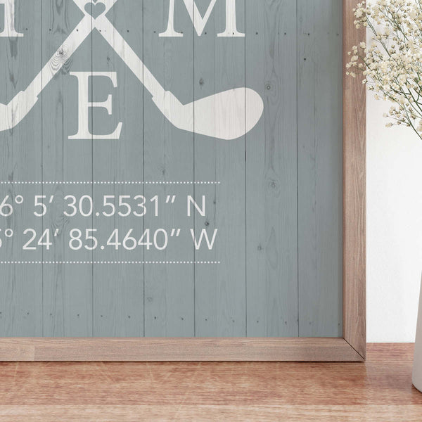 Custom golf coordinate sign details showing professional typography and minimalist design