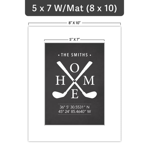 Custom golf coordinate print in 5x7 size shown with a white mat