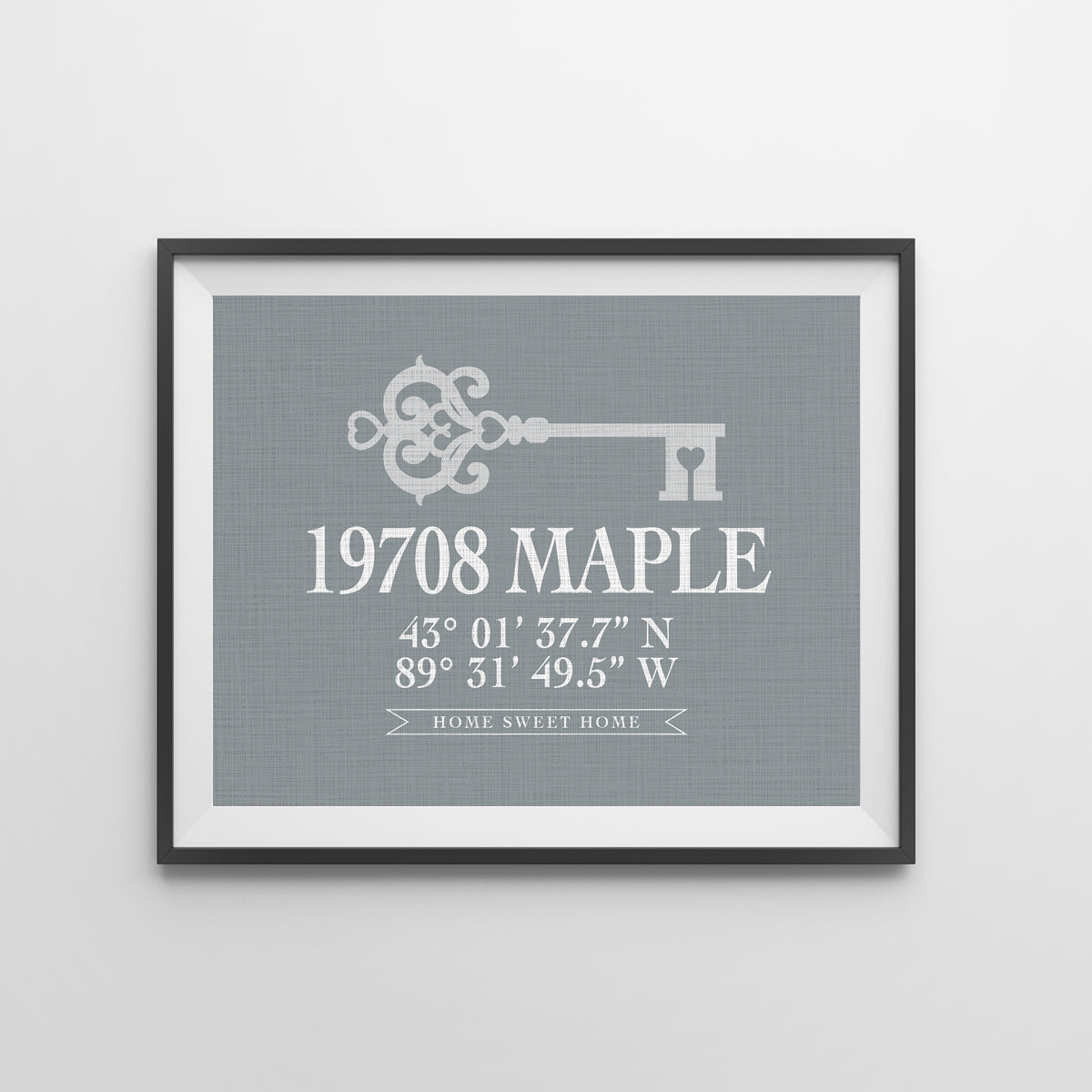 Personalized Our First Home Address Print with skeleton key graphic; perfect new home gift for couple.