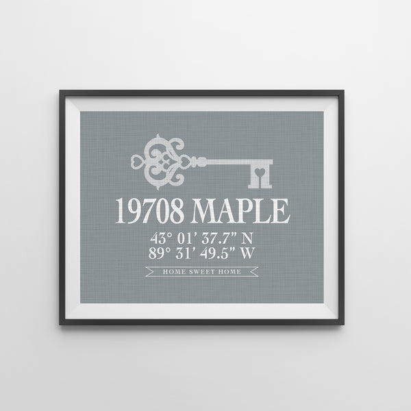 Personalized Our First Home Address Print with skeleton key graphic; perfect new home gift for couple.
