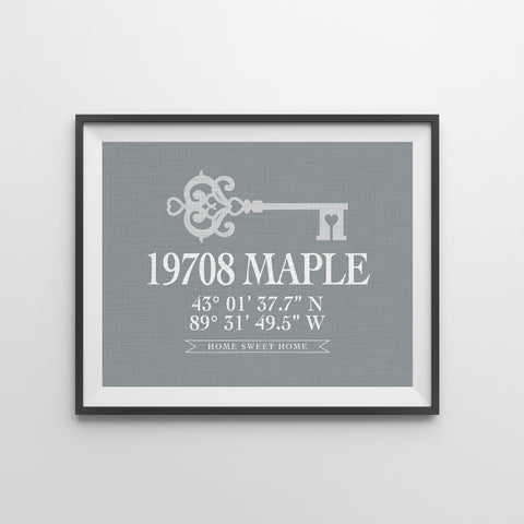 Personalized Our First Home Address Print with skeleton key graphic; perfect new home gift for couple.