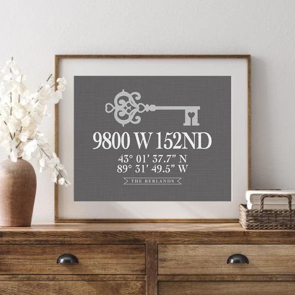 Close-up detail of personalized home print showing custom coordinates, address, and couple’s names.