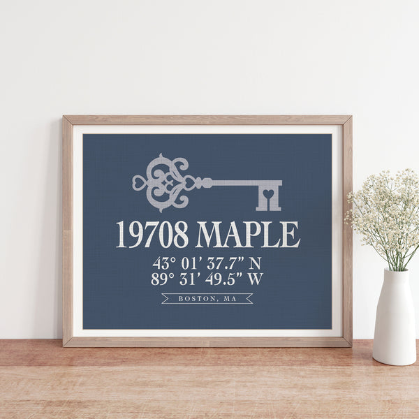Focus on the vintage skeleton key graphic and established date on the personalized new home gift.
