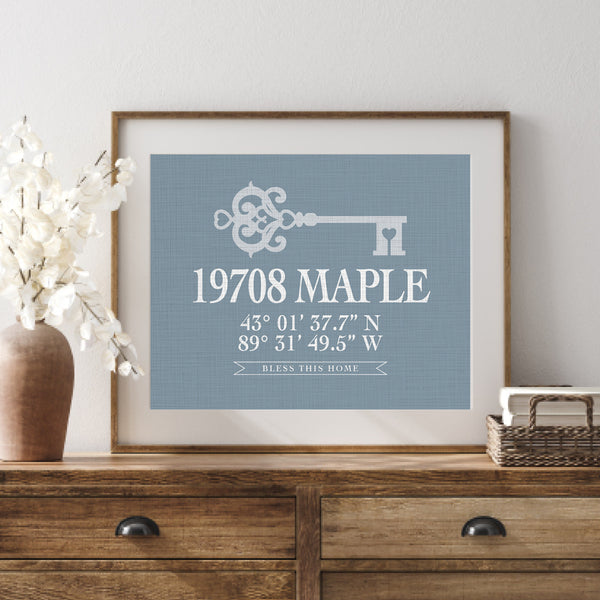 Focus on the vintage skeleton key graphic and established date on the personalized new home gift.