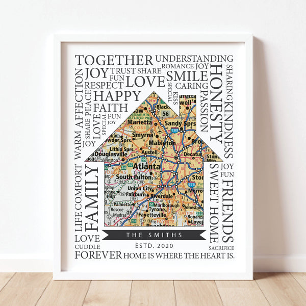 Personalized heart map wall art with family name and love words in house shape