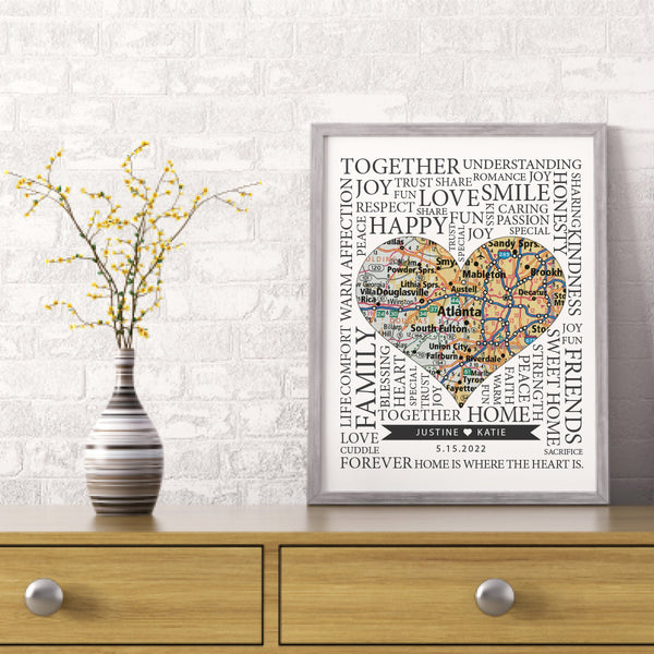 Custom shared family love words heart-shaped map print
