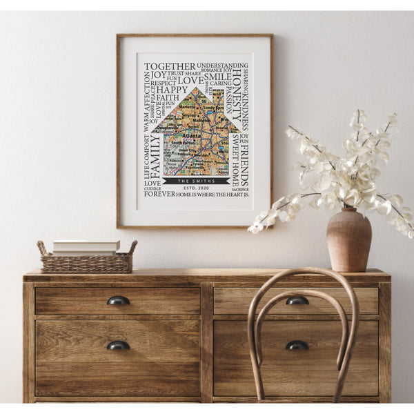 Family heart map print in modern living room decor