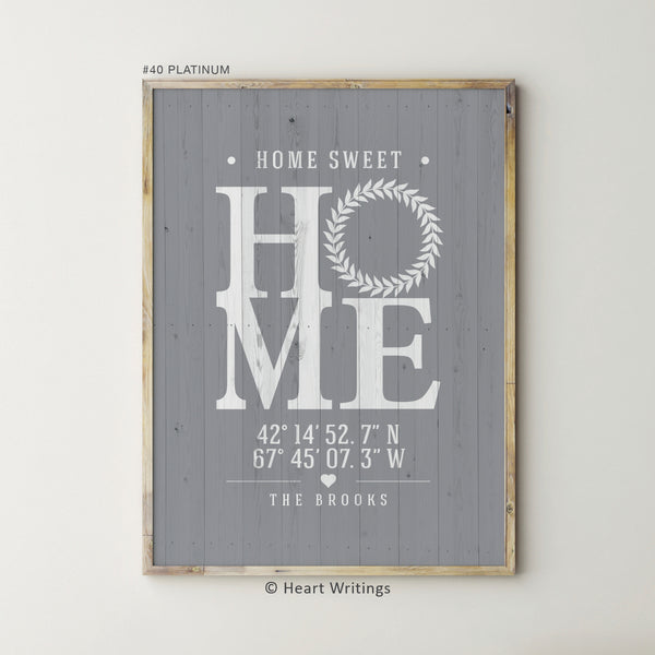 Personalized home sweet home coordinates sign with family name print