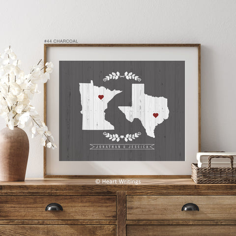Personalized two states love map print with names and heart connection – unframed wall art gift for couples