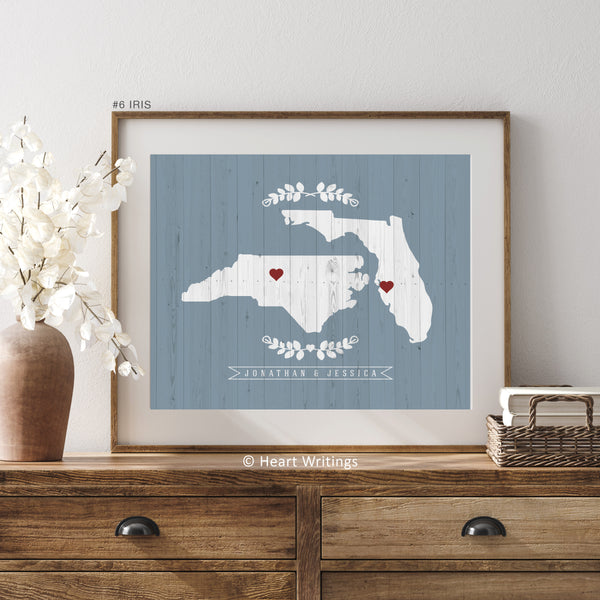 Custom names and state locations shown on personalized map print for long-distance couples