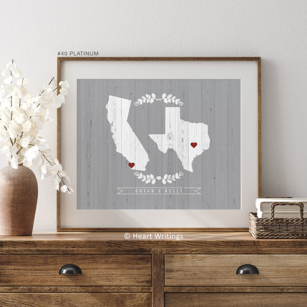 Two states love map wall art displayed in modern living room – perfect romantic gift idea