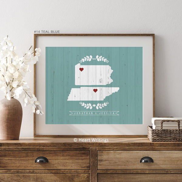 Custom names and state locations shown on personalized map print for long-distance couples in mint