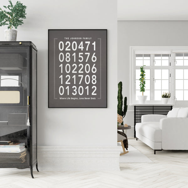 Modern entryway wall decor featuring custom family wedding and birth dates